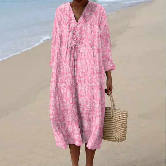 Women's Spring And Summer New Digital Printing Large Width V-neck Long-sleeve Dress