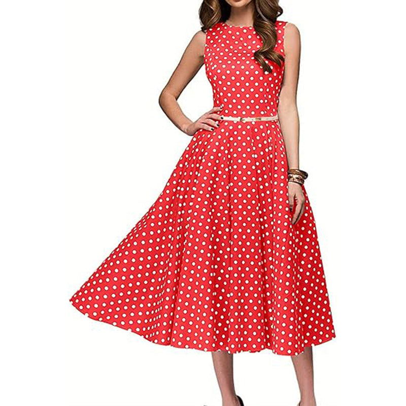 Women's Vintage Polka Dot Sleeveless Dress O-Neck Summer Cocktail Party Dress