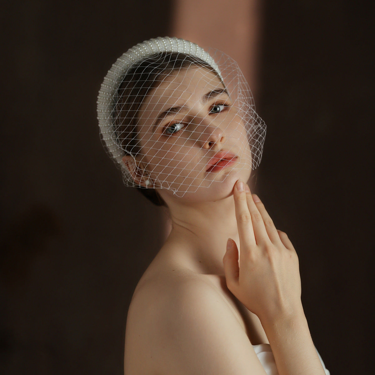 French Hepburn Style Bridal Veil White Vintage Beaded Large Meshed Net Mesh Headband
