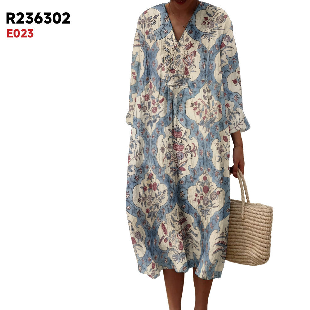 Women's Spring And Summer New Digital Printing Large Width V-neck Long-sleeve Dress