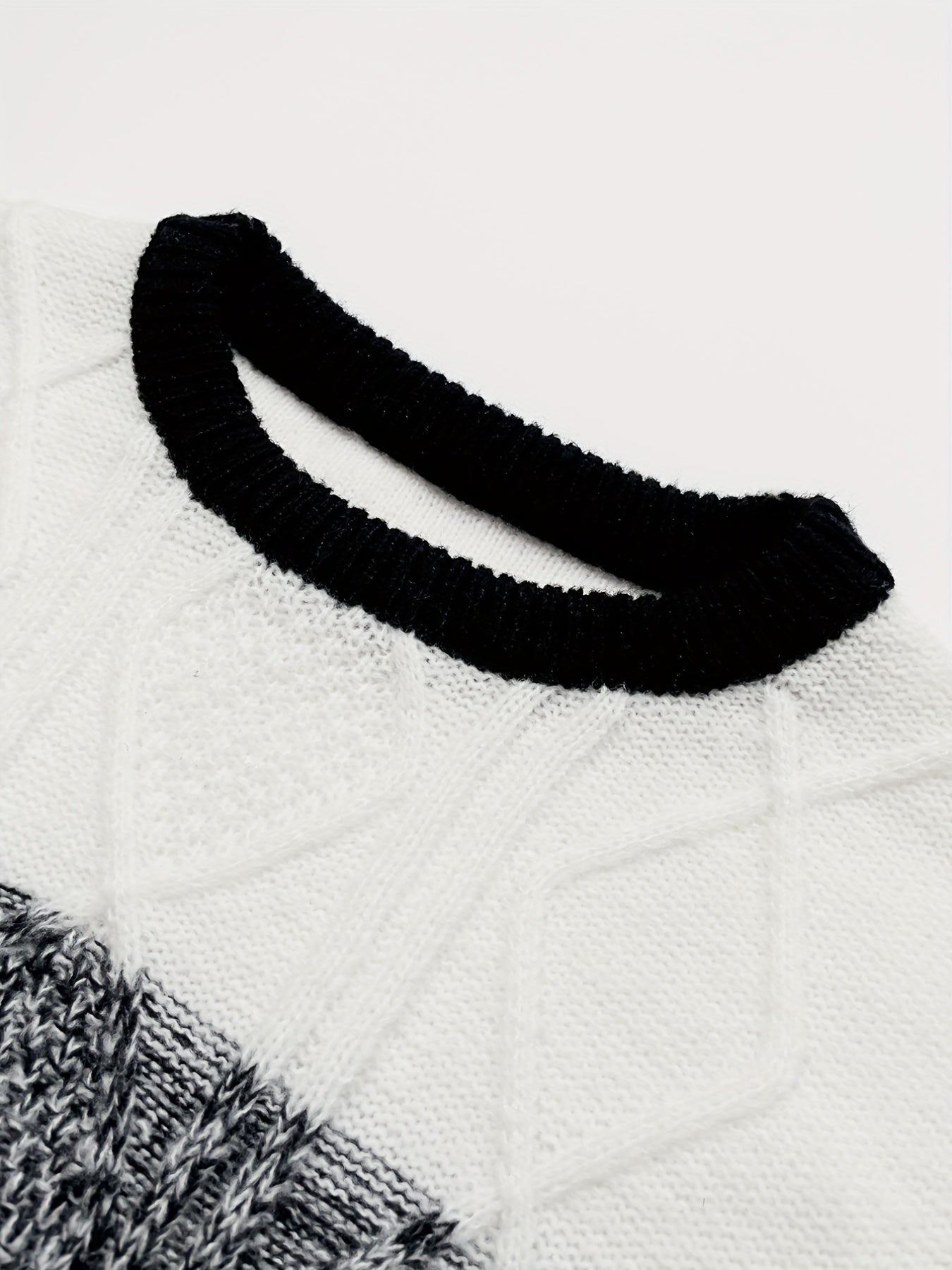 All Match Knitted Argyle Color Block Sweater, Men's Casual Warm Slightly Stretch Crew Neck Pullover Sweater For Men Fall Winter