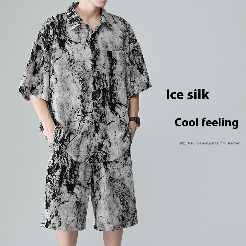 Printed Shirt Men's Beach Suit Summer Seaside Vacation Ice Silk Beach Pants Short Sleeve Men