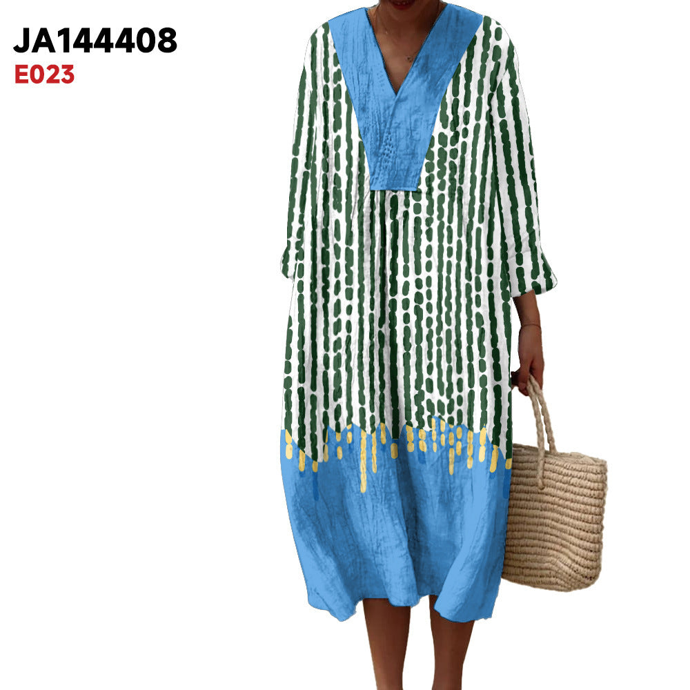 Women's Spring And Summer New Digital Printing Large Width V-neck Long-sleeve Dress