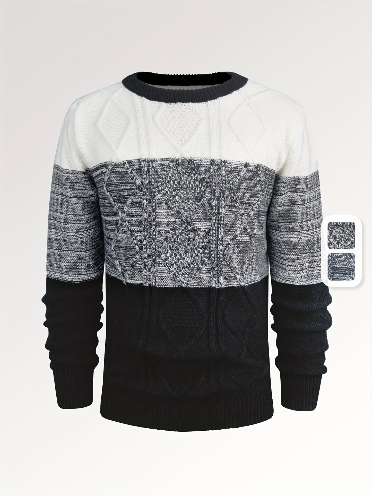 All Match Knitted Argyle Color Block Sweater, Men's Casual Warm Slightly Stretch Crew Neck Pullover Sweater For Men Fall Winter