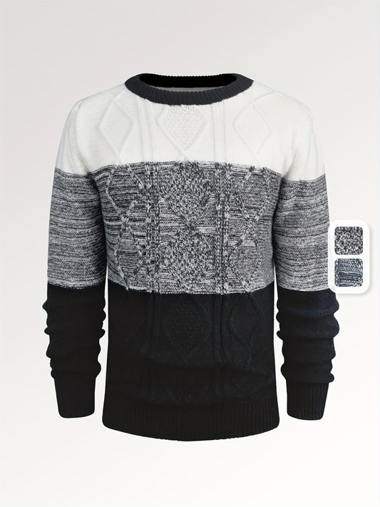 All Match Knitted Argyle Color Block Sweater, Men's Casual Warm Slightly Stretch Crew Neck Pullover Sweater For Men Fall Winter