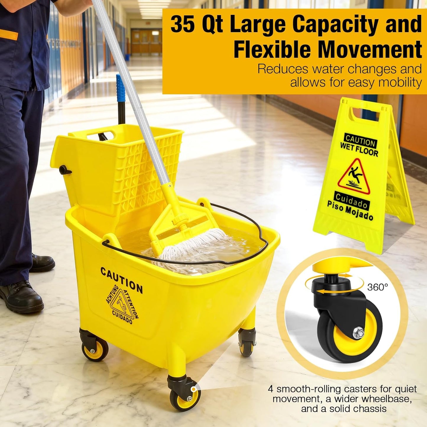 35 Qt Commercial Mop Bucket with Side Press Wringer on Wheels,Heavy Duty Industrial Mop and Bucket Set for Floor Cleaning,Including 1 Wet Floor Caution Sign for Household,Business,Yellow