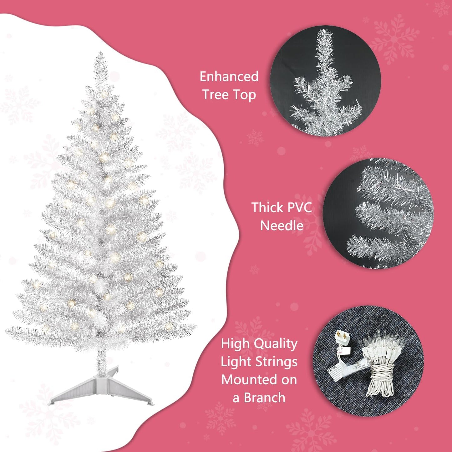4ft Lighted Artificial White Christmas Tree | Leeheeyee Small Christmas Tree, Not Pre-lit White Tinsel Pine Trees with Lights, Ideal for Home, Office, and Xmas Tree Party Décor