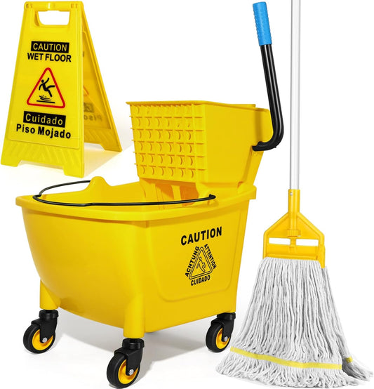 35 Qt Commercial Mop Bucket with Side Press Wringer on Wheels,Heavy Duty Industrial Mop and Bucket Set for Floor Cleaning,Including 1 Wet Floor Caution Sign for Household,Business,Yellow