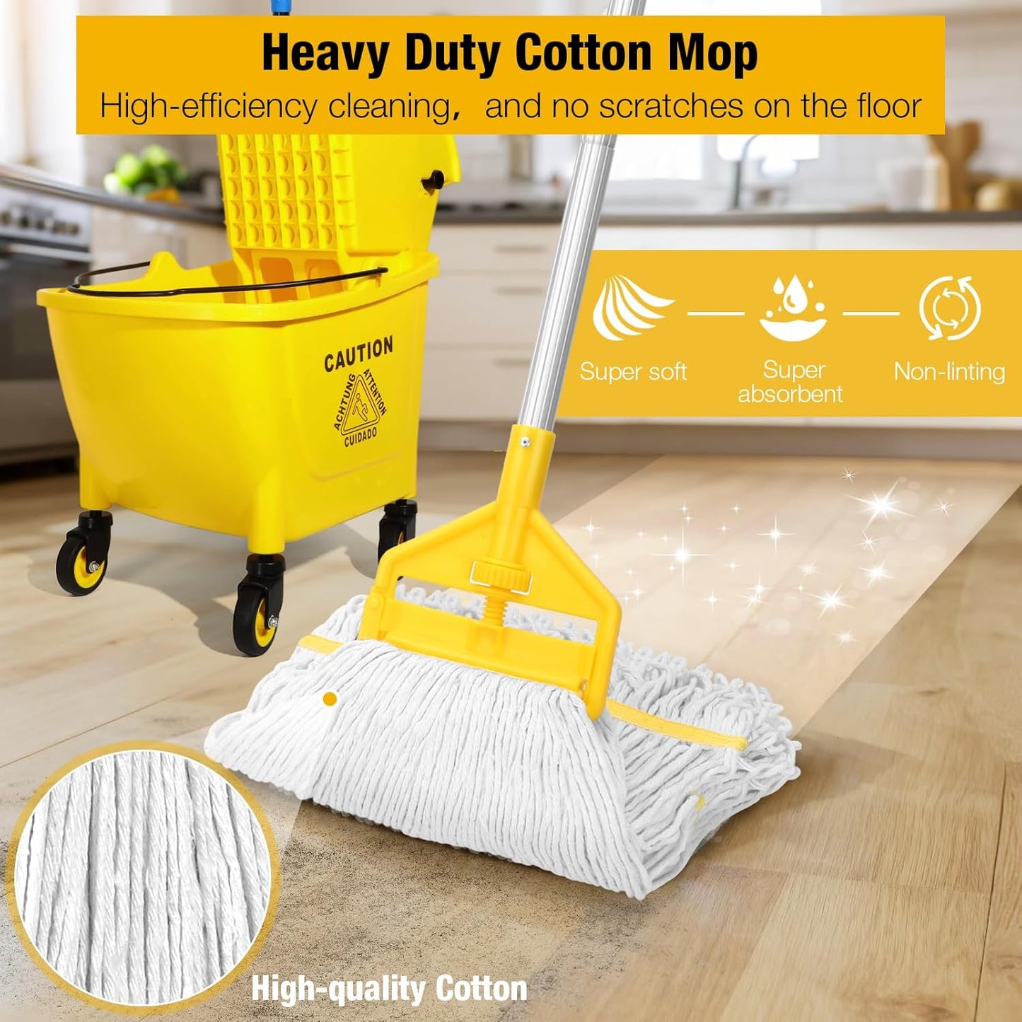 35 Qt Commercial Mop Bucket with Side Press Wringer on Wheels,Heavy Duty Industrial Mop and Bucket Set for Floor Cleaning,Including 1 Wet Floor Caution Sign for Household,Business,Yellow