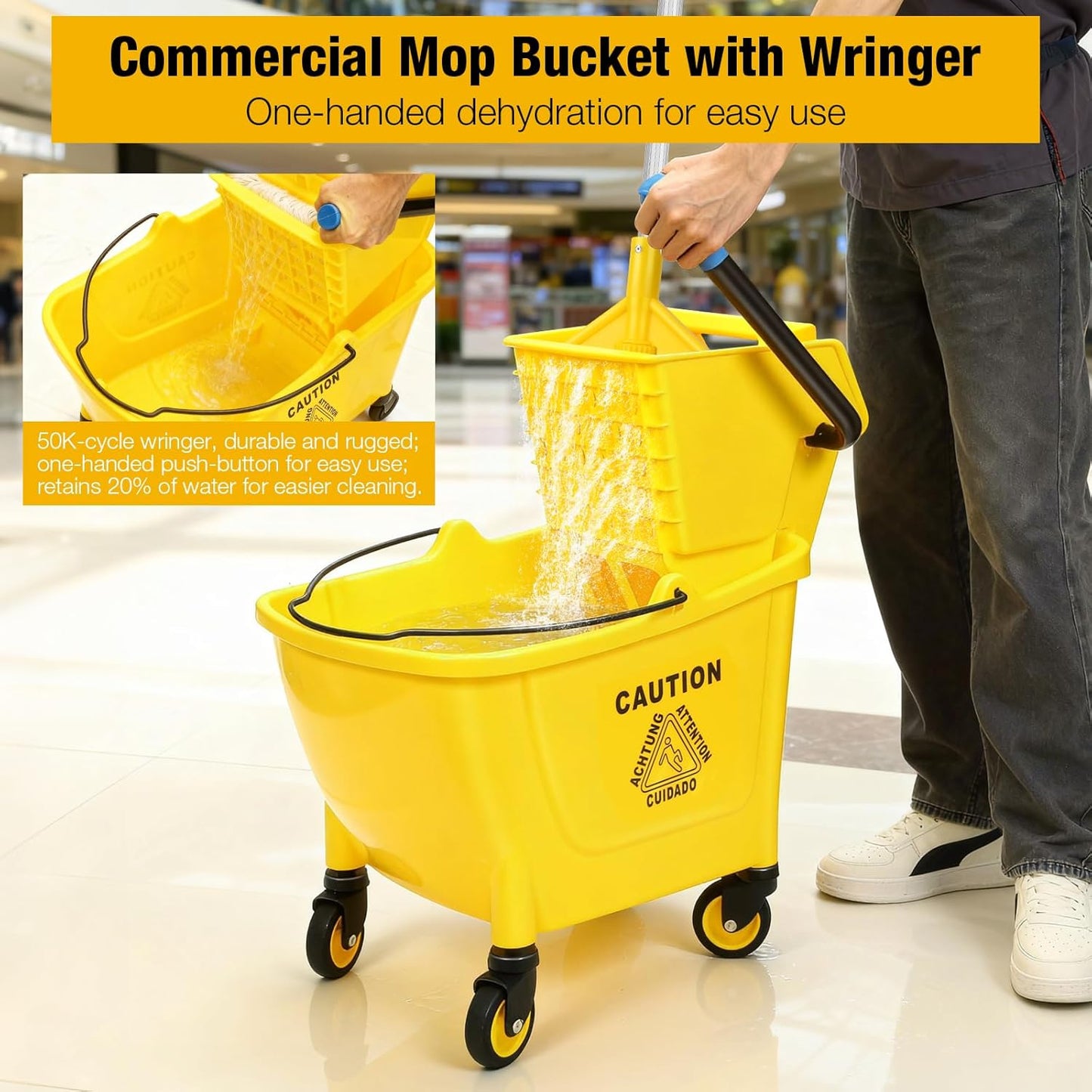 35 Qt Commercial Mop Bucket with Side Press Wringer on Wheels,Heavy Duty Industrial Mop and Bucket Set for Floor Cleaning,Including 1 Wet Floor Caution Sign for Household,Business,Yellow