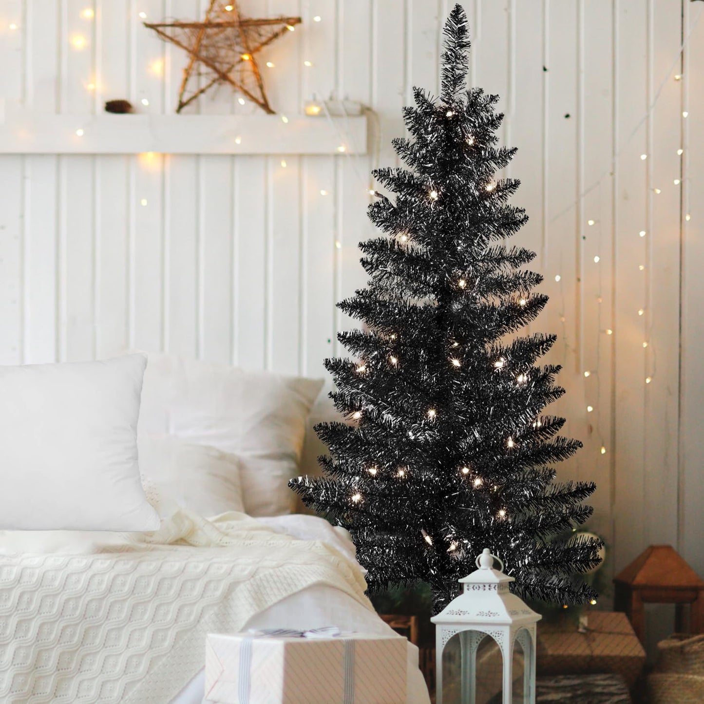 4ft Lighted Artificial White Christmas Tree | Leeheeyee Small Christmas Tree, Not Pre-lit White Tinsel Pine Trees with Lights, Ideal for Home, Office, and Xmas Tree Party Décor