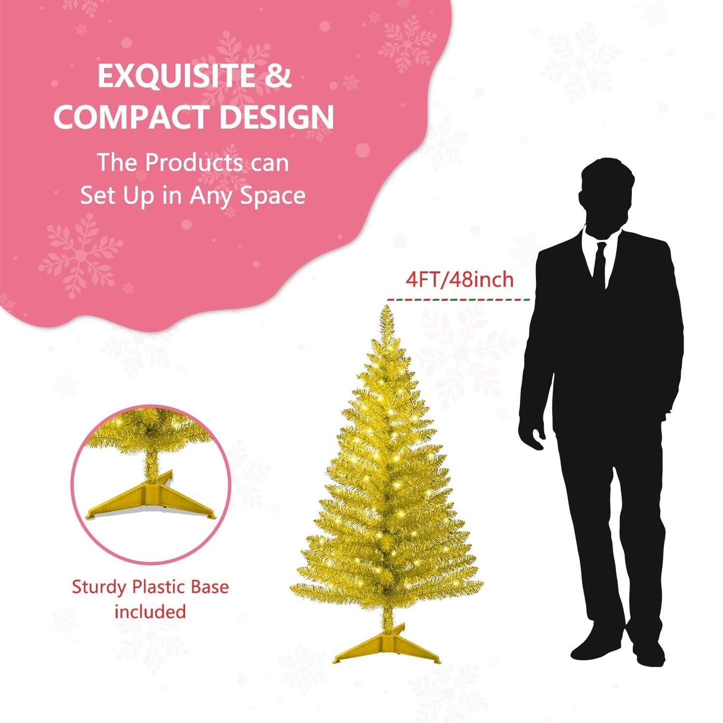 4ft Lighted Artificial White Christmas Tree | Leeheeyee Small Christmas Tree, Not Pre-lit White Tinsel Pine Trees with Lights, Ideal for Home, Office, and Xmas Tree Party Décor