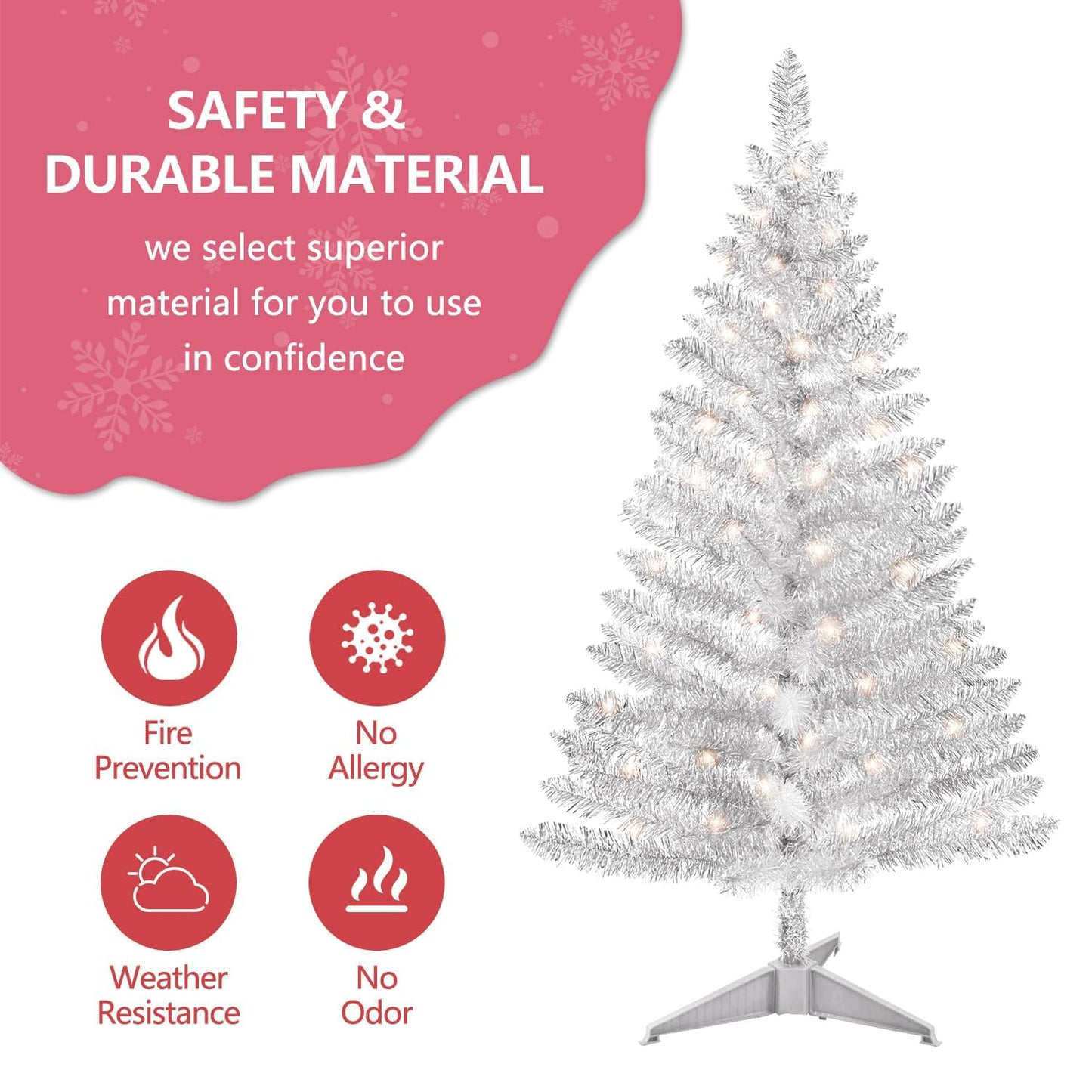 4ft Lighted Artificial White Christmas Tree | Leeheeyee Small Christmas Tree, Not Pre-lit White Tinsel Pine Trees with Lights, Ideal for Home, Office, and Xmas Tree Party Décor