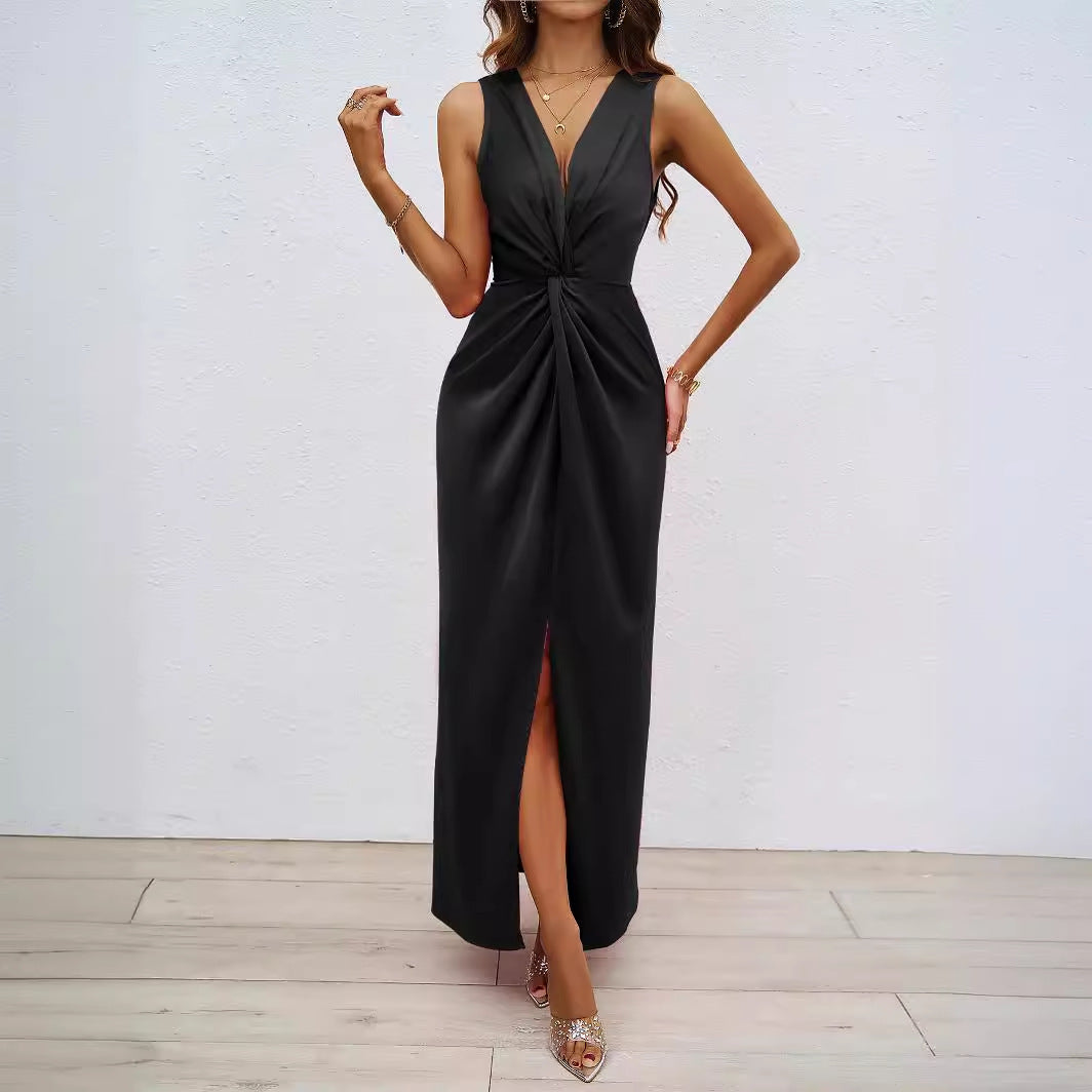 Summer Elegance Kinked Sleeveless V-neck Slit Dress