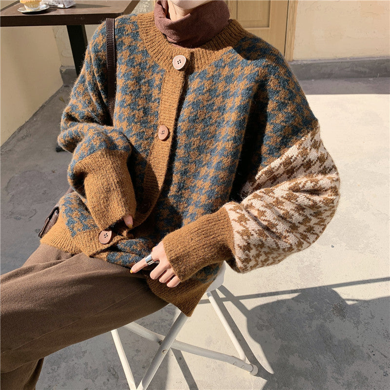 Versatile Loose Houndstooth Cardigan Sweater
