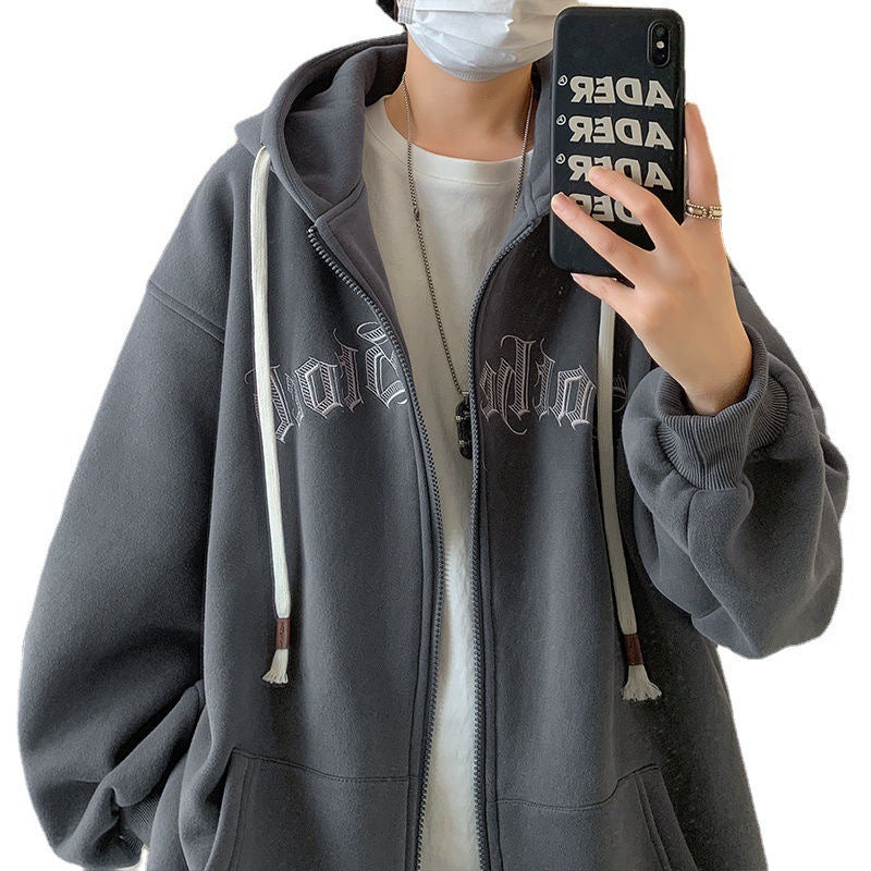 Hooded Cardigan Sweater Male Letter Embroidered Jacket