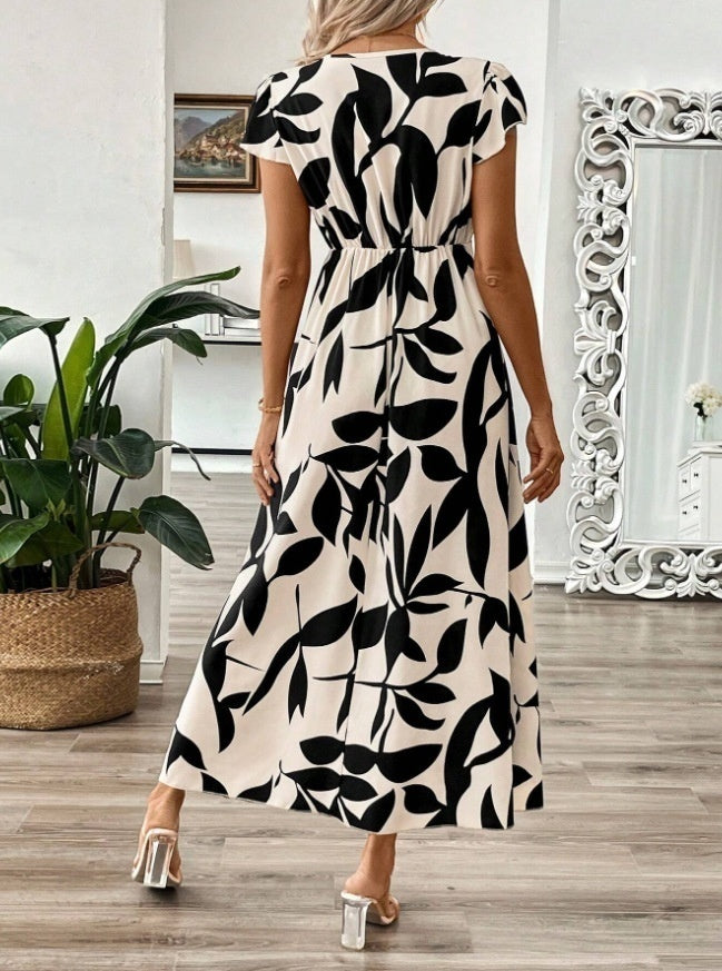 Summer Fashion Elegant V-neck Printed Ruffled Short Sleeves Dress Long Dress For Women