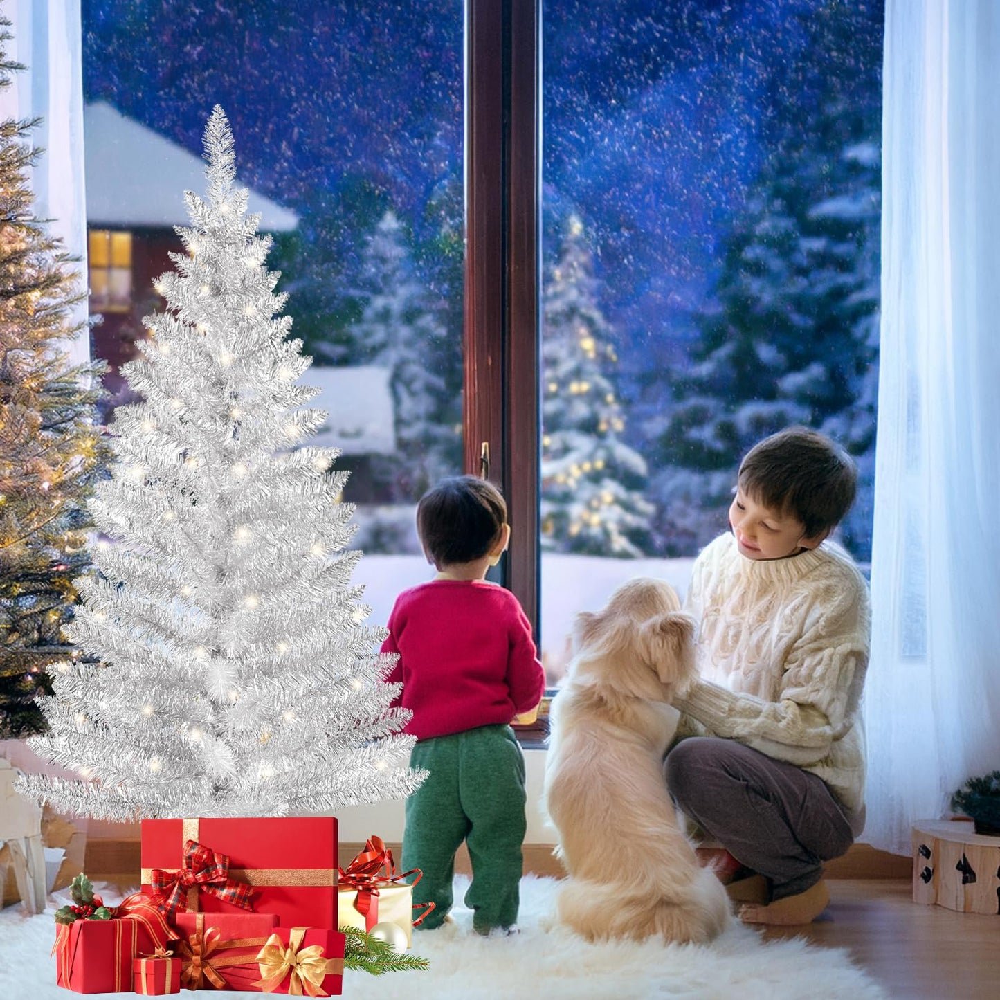 4ft Lighted Artificial White Christmas Tree | Leeheeyee Small Christmas Tree, Not Pre-lit White Tinsel Pine Trees with Lights, Ideal for Home, Office, and Xmas Tree Party Décor