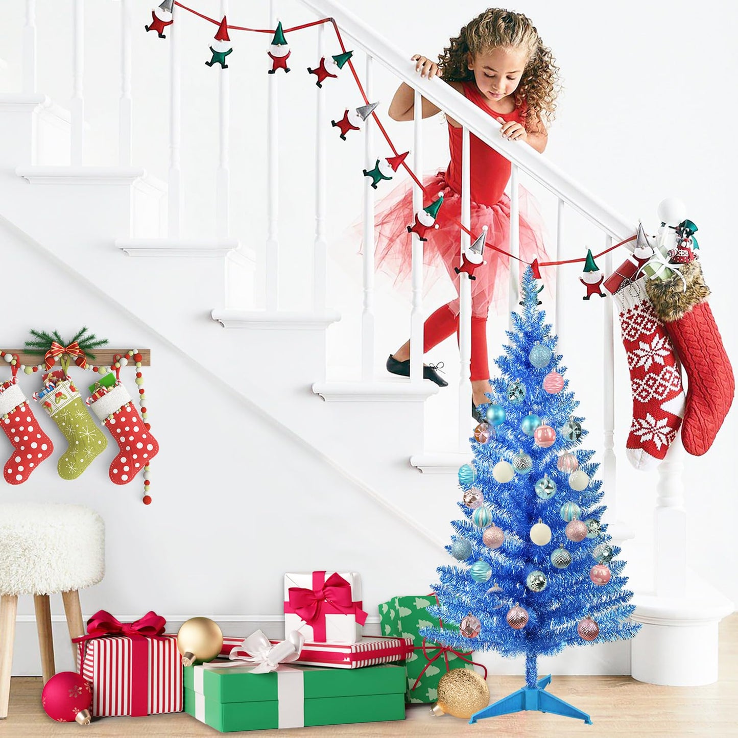 4ft Lighted Artificial White Christmas Tree | Leeheeyee Small Christmas Tree, Not Pre-lit White Tinsel Pine Trees with Lights, Ideal for Home, Office, and Xmas Tree Party Décor