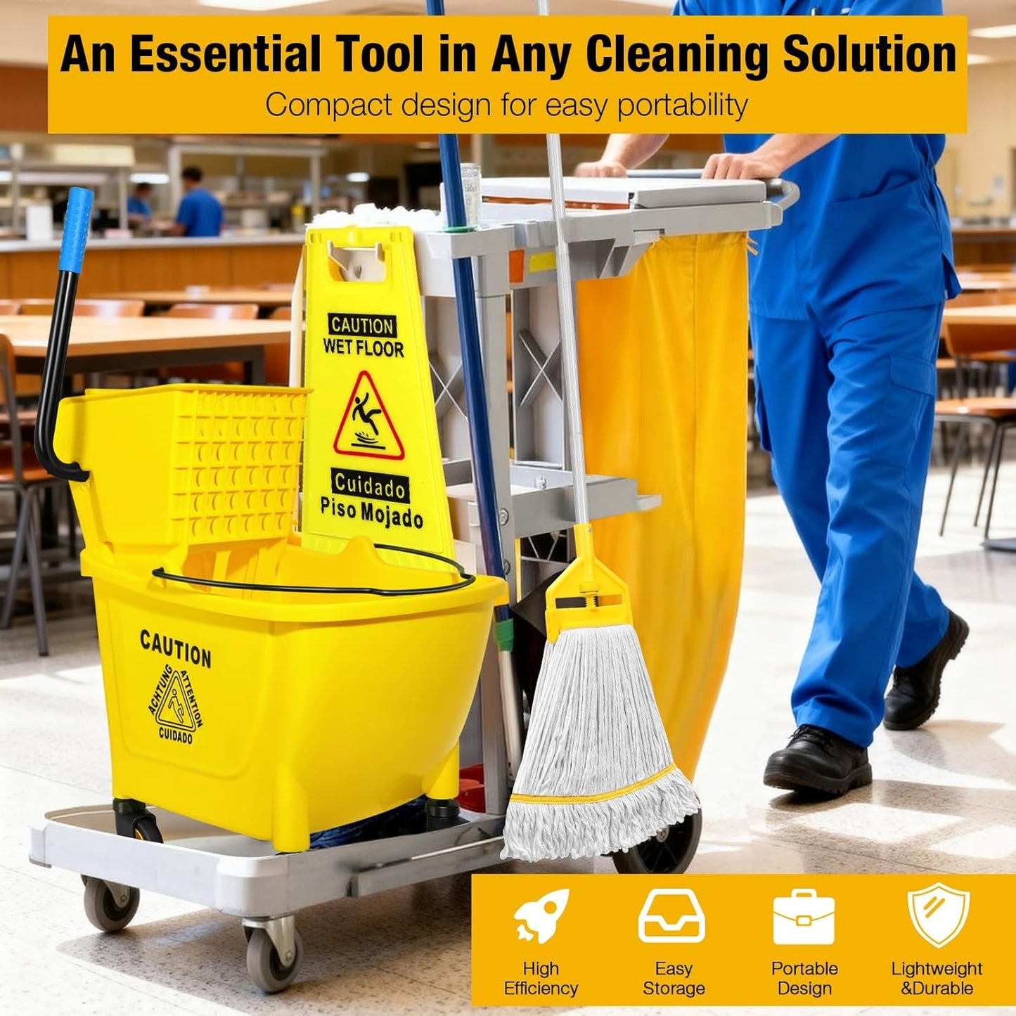 35 Qt Commercial Mop Bucket with Side Press Wringer on Wheels,Heavy Duty Industrial Mop and Bucket Set for Floor Cleaning,Including 1 Wet Floor Caution Sign for Household,Business,Yellow