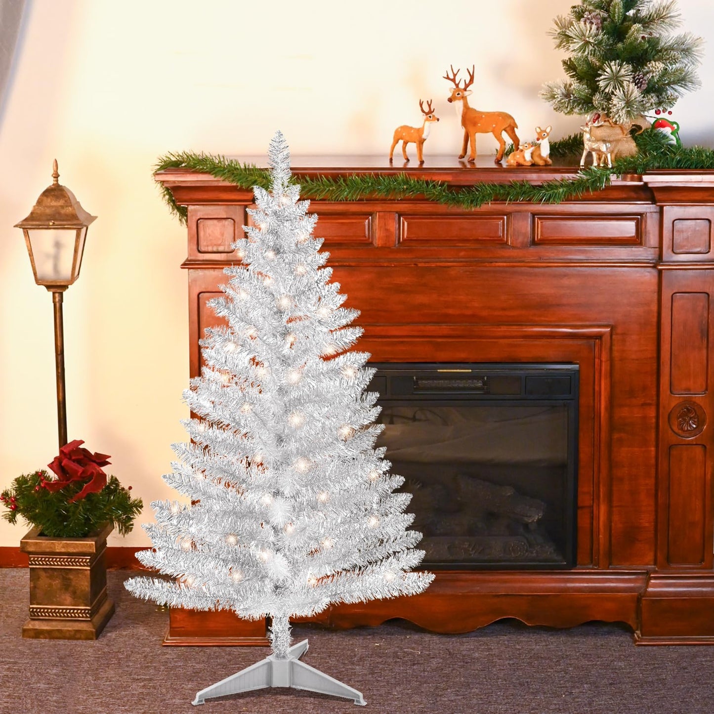 4ft Lighted Artificial White Christmas Tree | Leeheeyee Small Christmas Tree, Not Pre-lit White Tinsel Pine Trees with Lights, Ideal for Home, Office, and Xmas Tree Party Décor