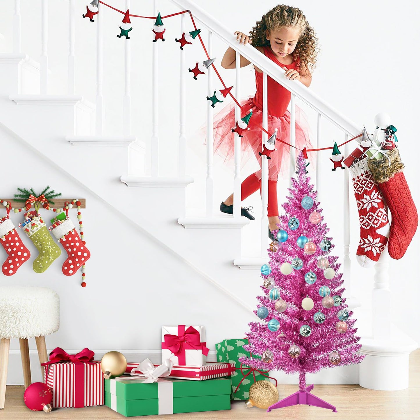 4ft Lighted Artificial White Christmas Tree | Leeheeyee Small Christmas Tree, Not Pre-lit White Tinsel Pine Trees with Lights, Ideal for Home, Office, and Xmas Tree Party Décor