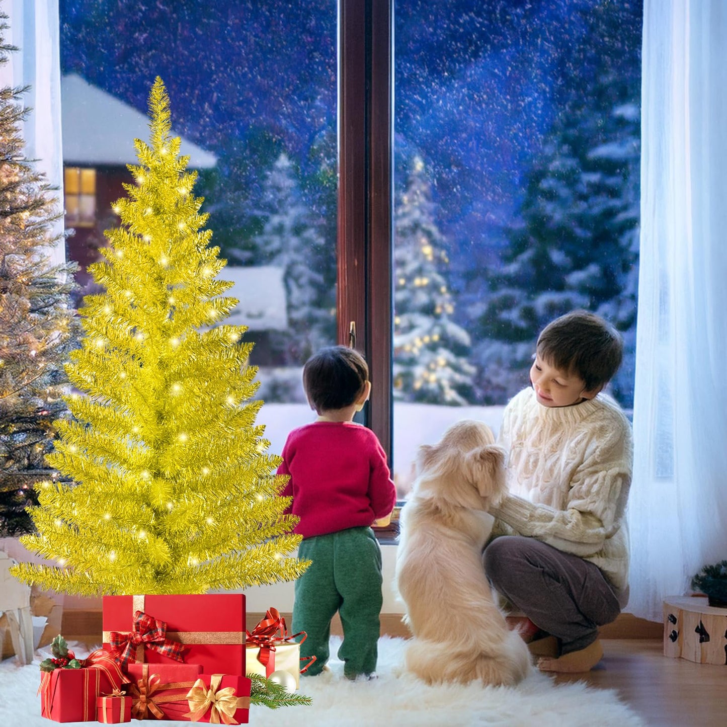 4ft Lighted Artificial White Christmas Tree | Leeheeyee Small Christmas Tree, Not Pre-lit White Tinsel Pine Trees with Lights, Ideal for Home, Office, and Xmas Tree Party Décor