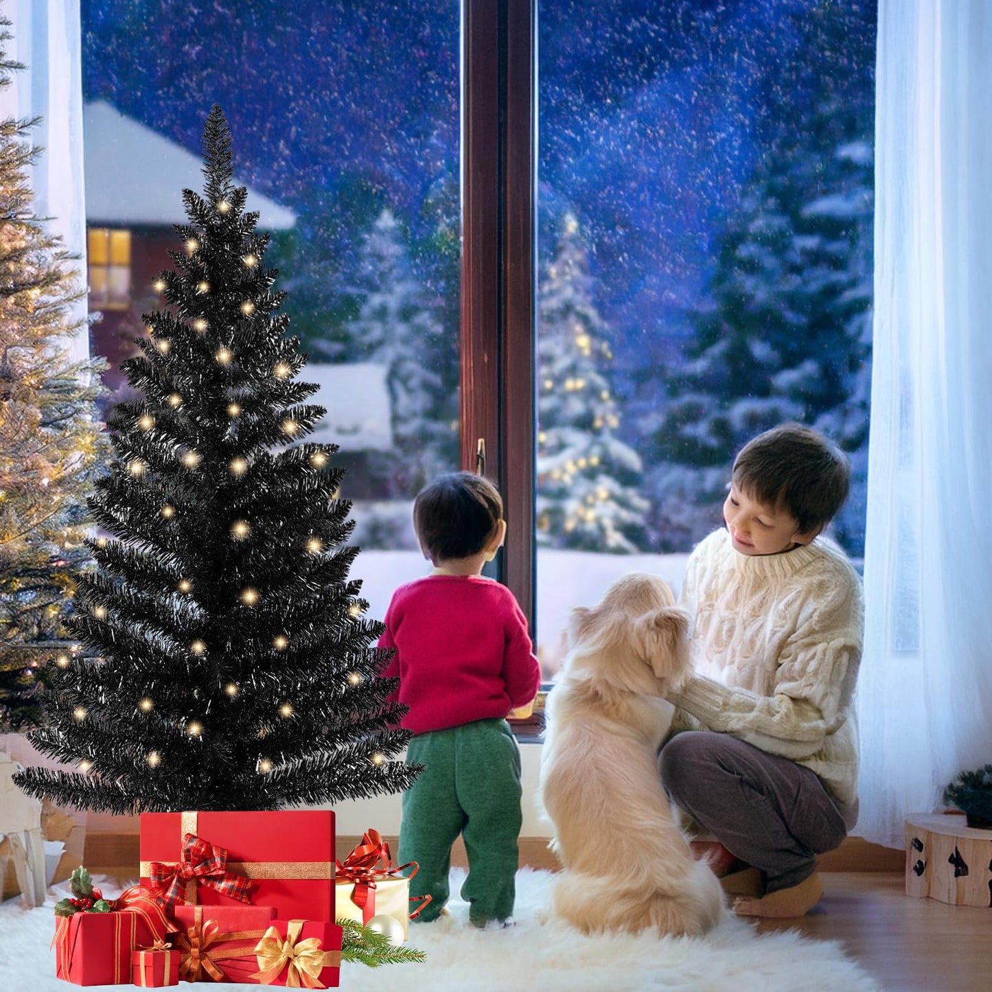 4ft Lighted Artificial White Christmas Tree | Leeheeyee Small Christmas Tree, Not Pre-lit White Tinsel Pine Trees with Lights, Ideal for Home, Office, and Xmas Tree Party Décor