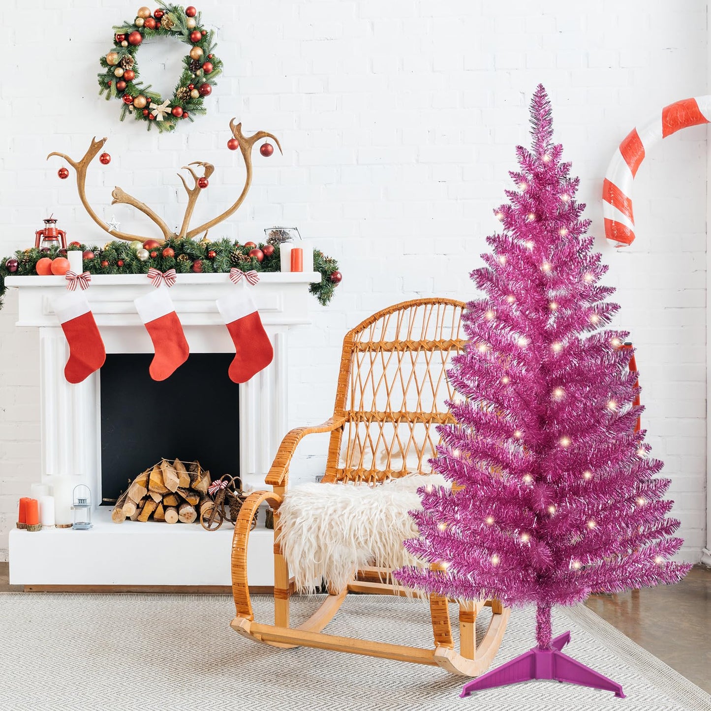 4ft Lighted Artificial White Christmas Tree | Leeheeyee Small Christmas Tree, Not Pre-lit White Tinsel Pine Trees with Lights, Ideal for Home, Office, and Xmas Tree Party Décor