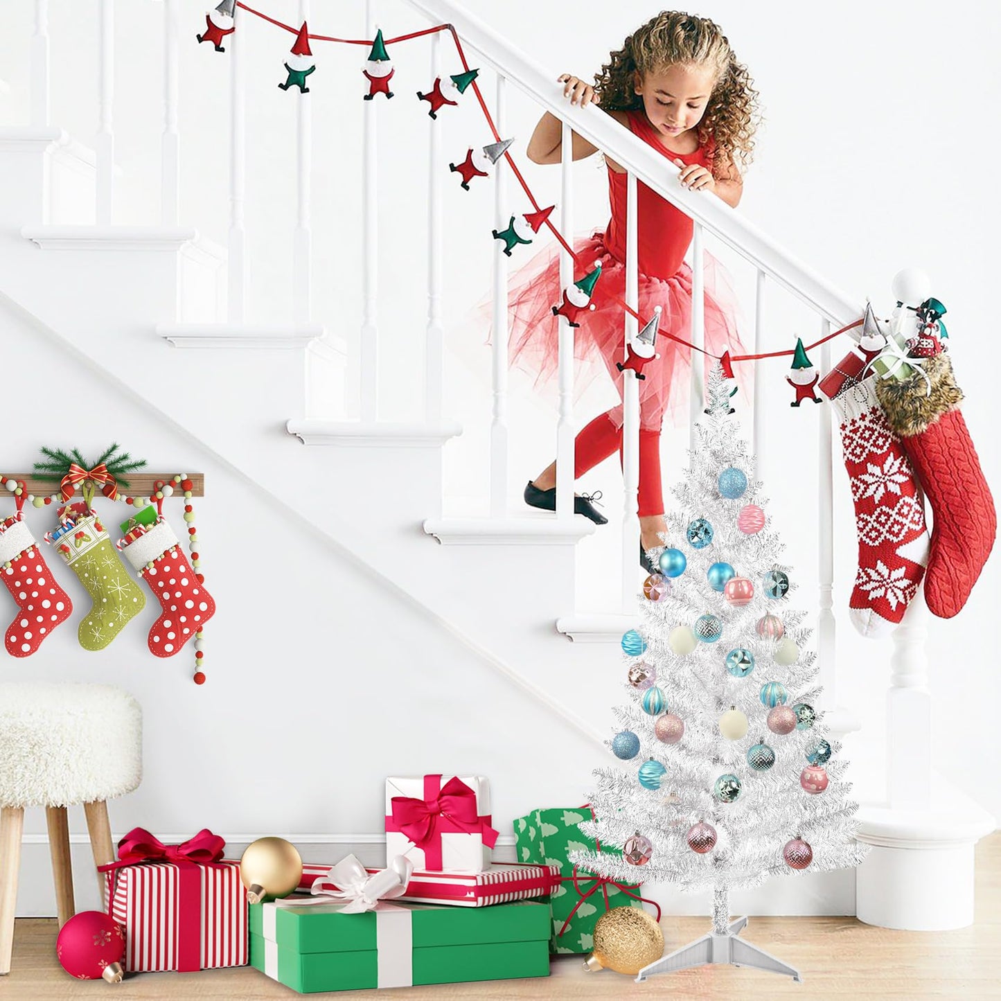 4ft Lighted Artificial White Christmas Tree | Leeheeyee Small Christmas Tree, Not Pre-lit White Tinsel Pine Trees with Lights, Ideal for Home, Office, and Xmas Tree Party Décor