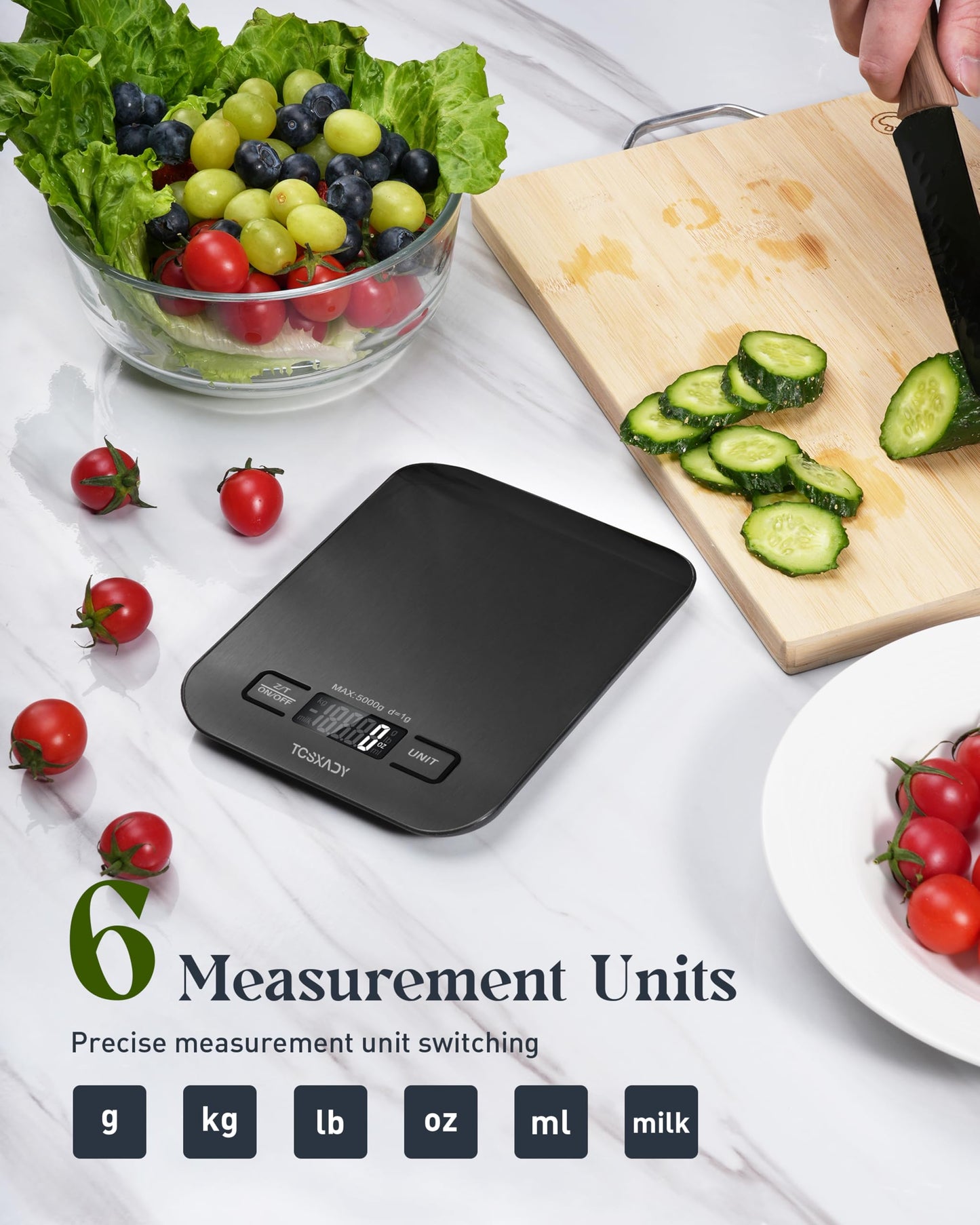 Food Scale, 11lb Digital Kitchen Scale with 6 Units LCD Display and Tare Function,Compact Design for Baking,Healthy Cooking,Meal Prep, 304 Stainless Steel