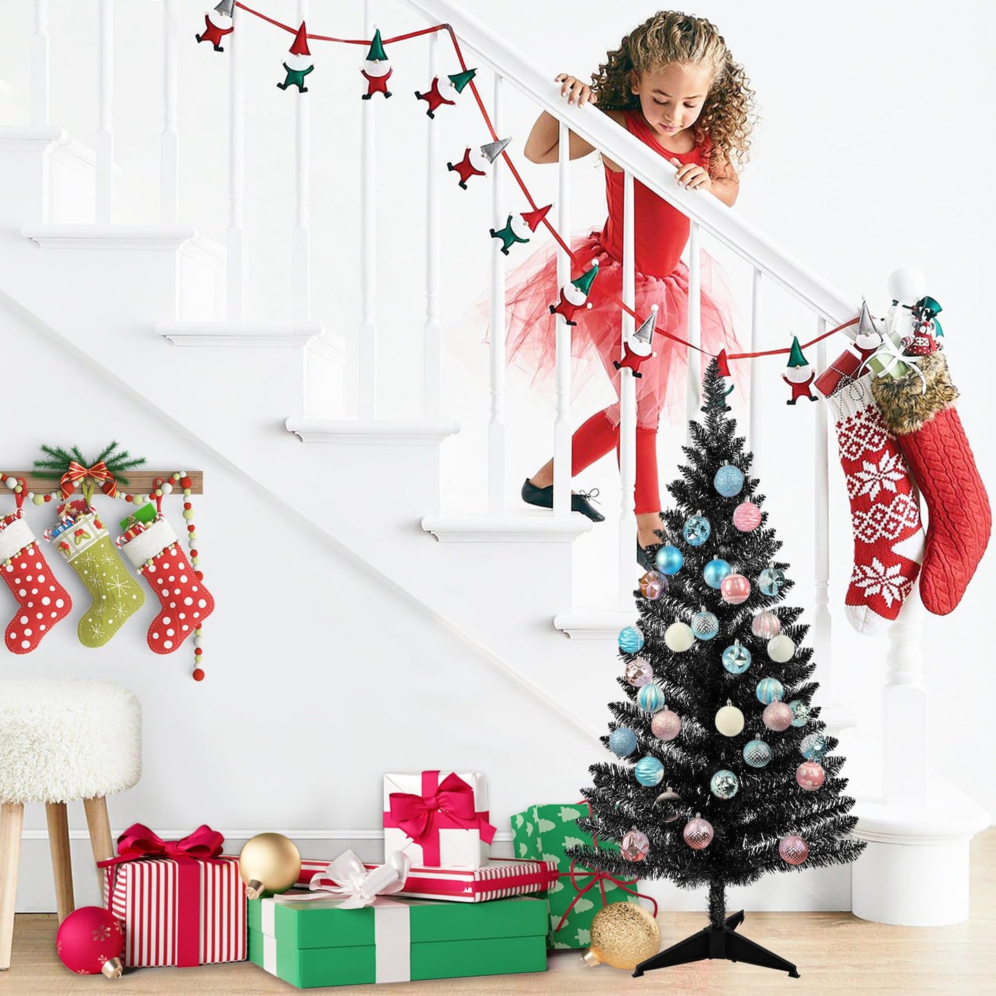 4ft Lighted Artificial White Christmas Tree | Leeheeyee Small Christmas Tree, Not Pre-lit White Tinsel Pine Trees with Lights, Ideal for Home, Office, and Xmas Tree Party Décor