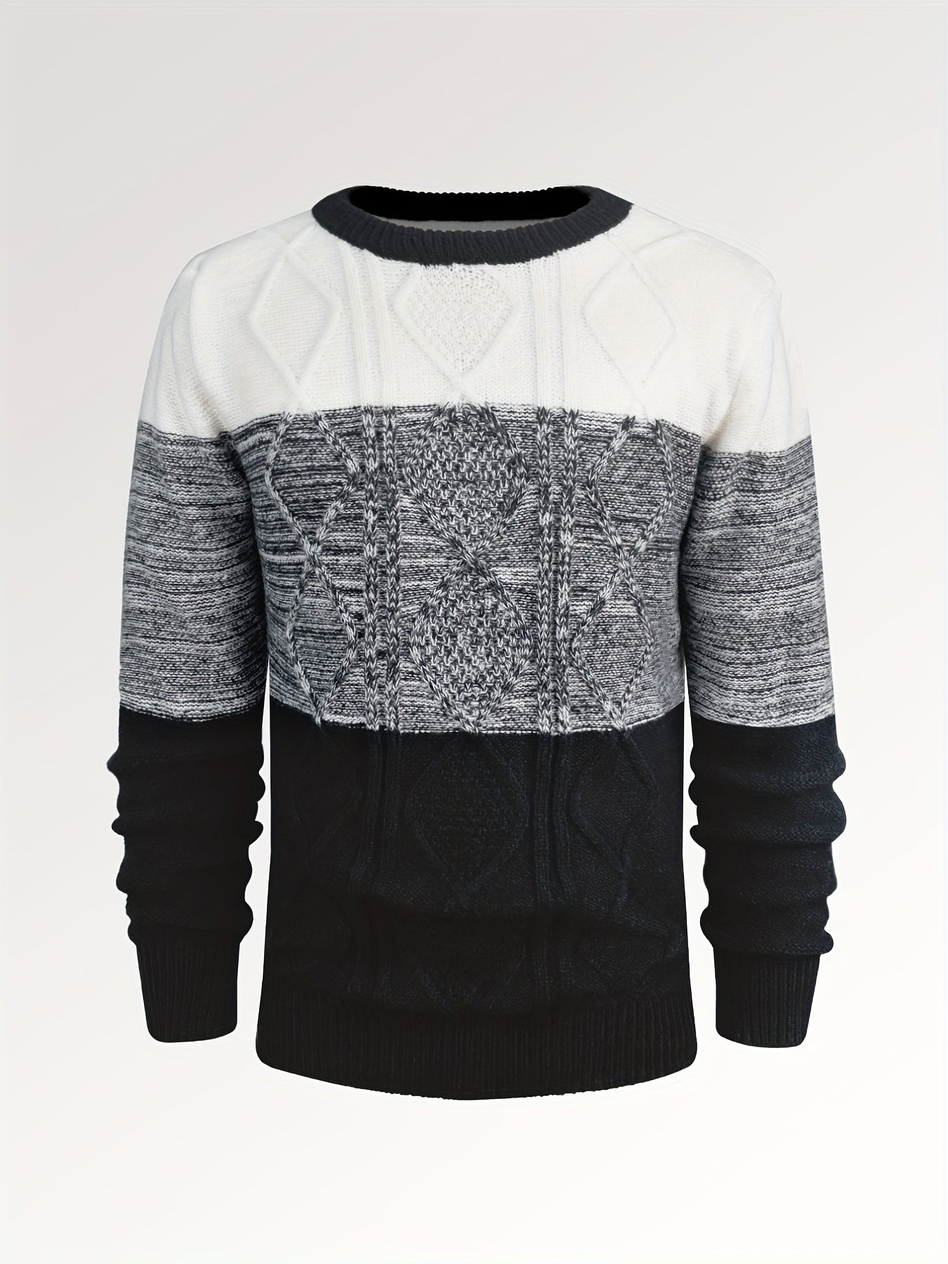 All Match Knitted Argyle Color Block Sweater, Men's Casual Warm Slightly Stretch Crew Neck Pullover Sweater For Men Fall Winter