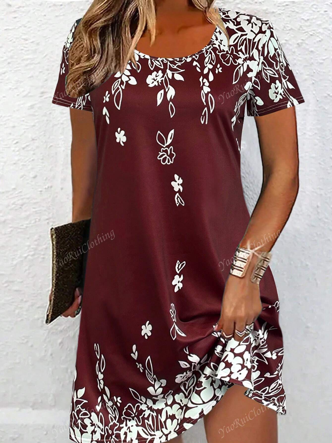 Women's Casual Round Neck Short Sleeve Vintage Versatile Mini Dress For Summer Vacation