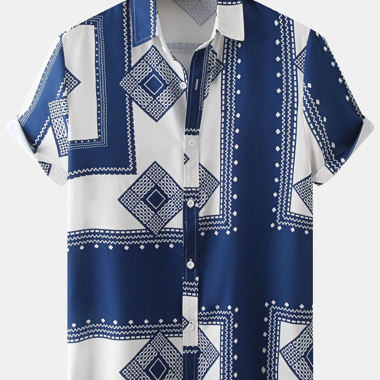 2023 New Arrival - Mens Geometric Pattern Floral Casual Slim Fit Short Sleeve Shirt - Cotton Blend, Medium Stretch, Lapel Collar, Button Details, Hand Washable, Perfect for Fall Season