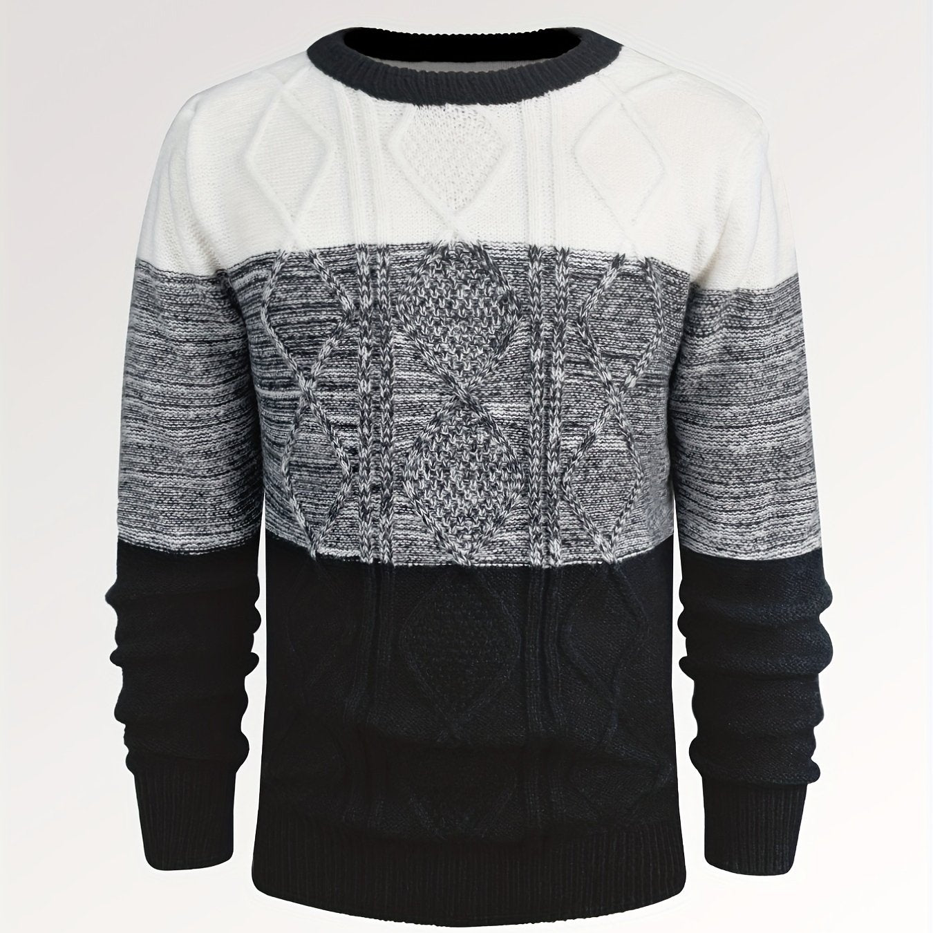 All Match Knitted Argyle Color Block Sweater, Men's Casual Warm Slightly Stretch Crew Neck Pullover Sweater For Men Fall Winter
