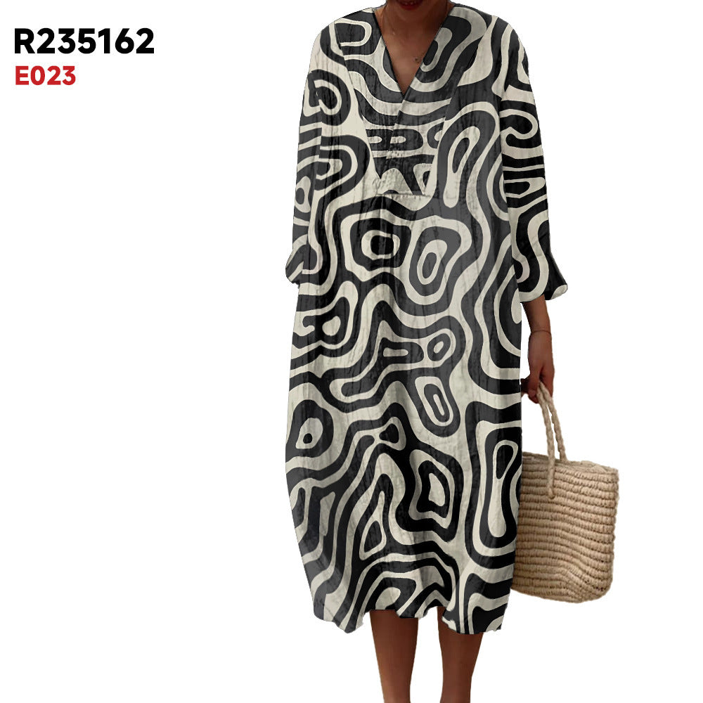 Women's Spring And Summer New Digital Printing Large Width V-neck Long-sleeve Dress