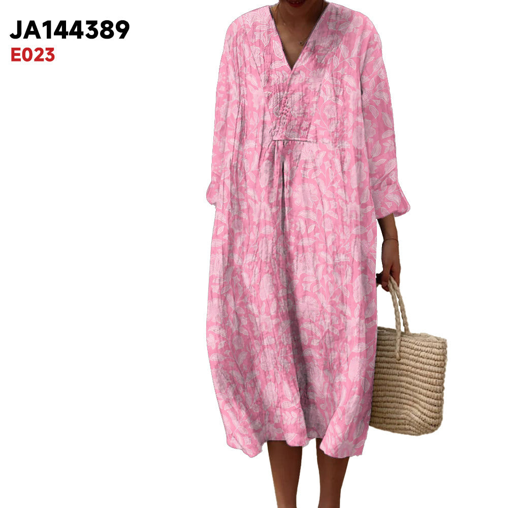 Women's Spring And Summer New Digital Printing Large Width V-neck Long-sleeve Dress
