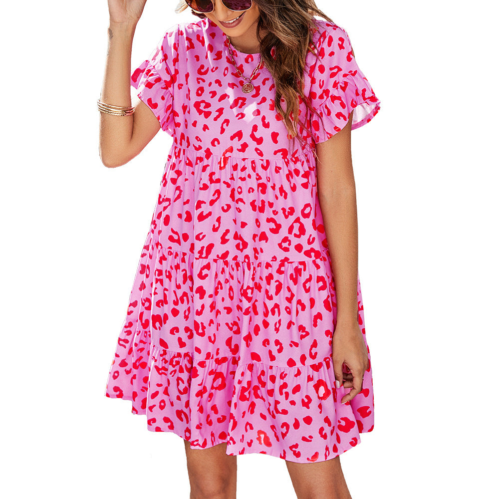 Summer Leopard Print Floral Crew Neck Casual Loose Dress