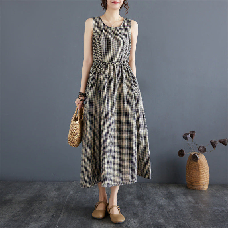 Art Retro Plaid Cotton And Linen Vest Skirt Women's Summer Outer Wear