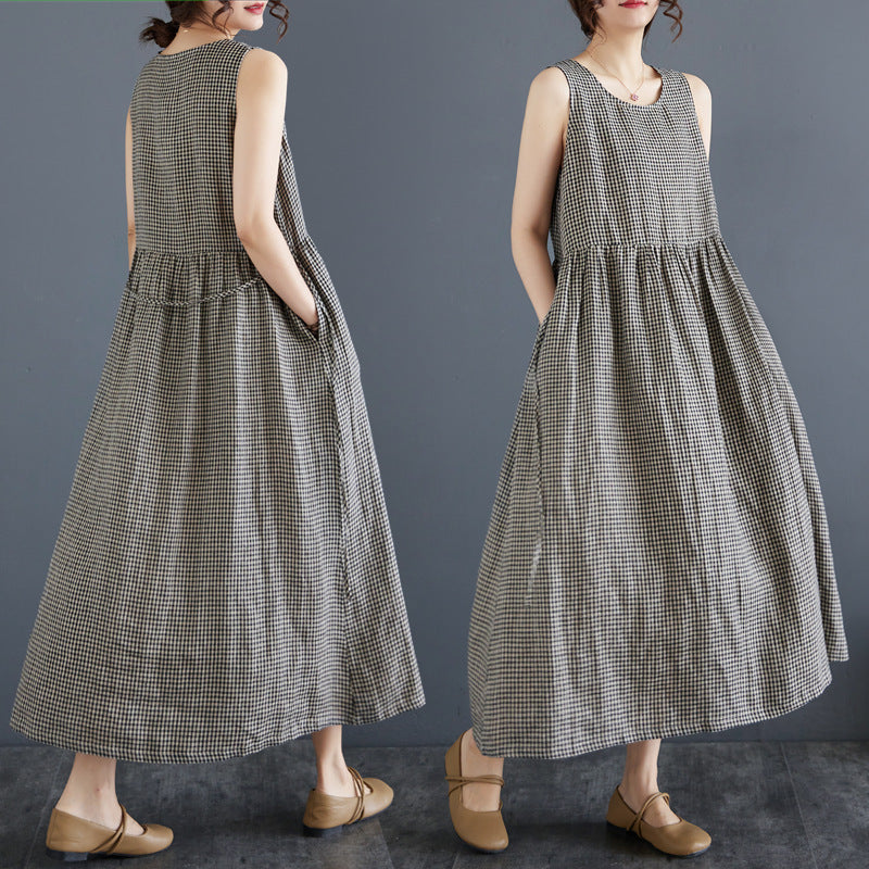 Art Retro Plaid Cotton And Linen Vest Skirt Women's Summer Outer Wear