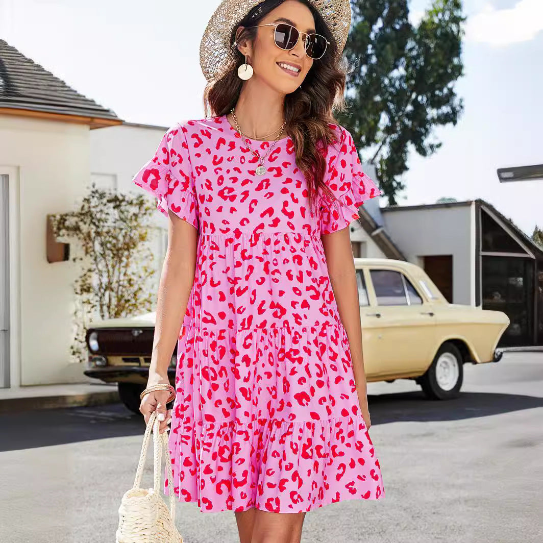 Summer Leopard Print Floral Crew Neck Casual Loose Dress