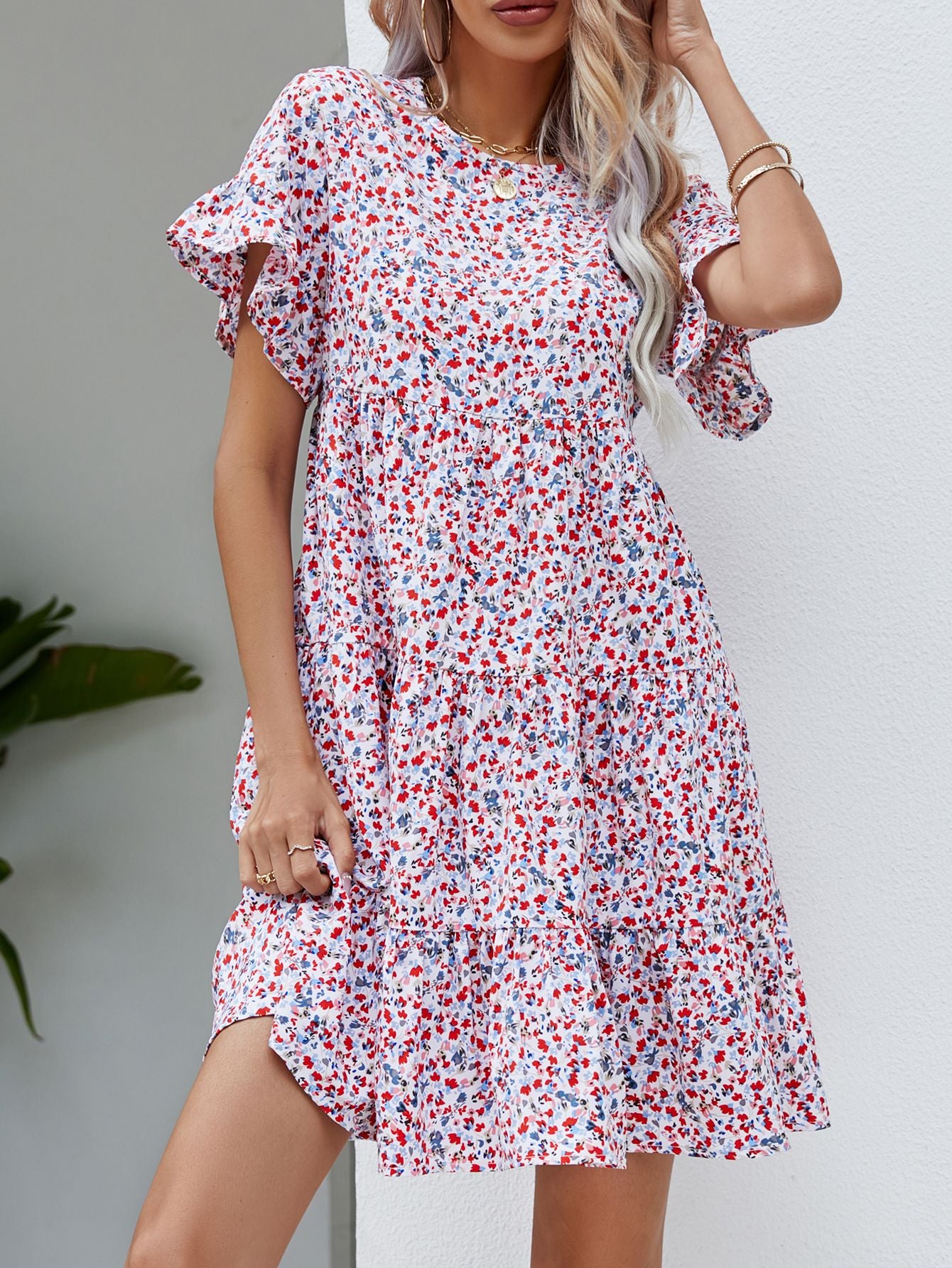 Summer Leopard Print Floral Crew Neck Casual Loose Dress