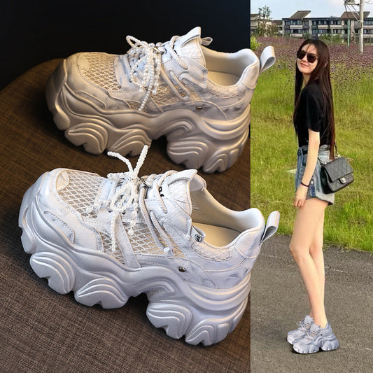 Thick Bottom Height Increasing Insole Mesh Breathable Pearl Dad Shoes Women