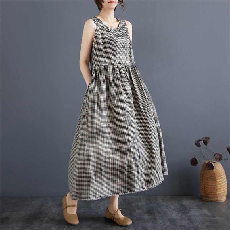 Art Retro Plaid Cotton And Linen Vest Skirt Women's Summer Outer Wear