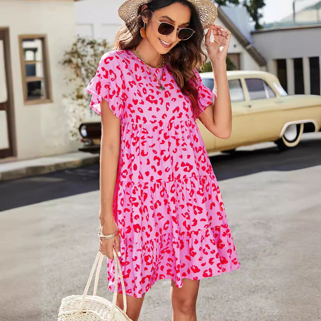 Summer Leopard Print Floral Crew Neck Casual Loose Dress