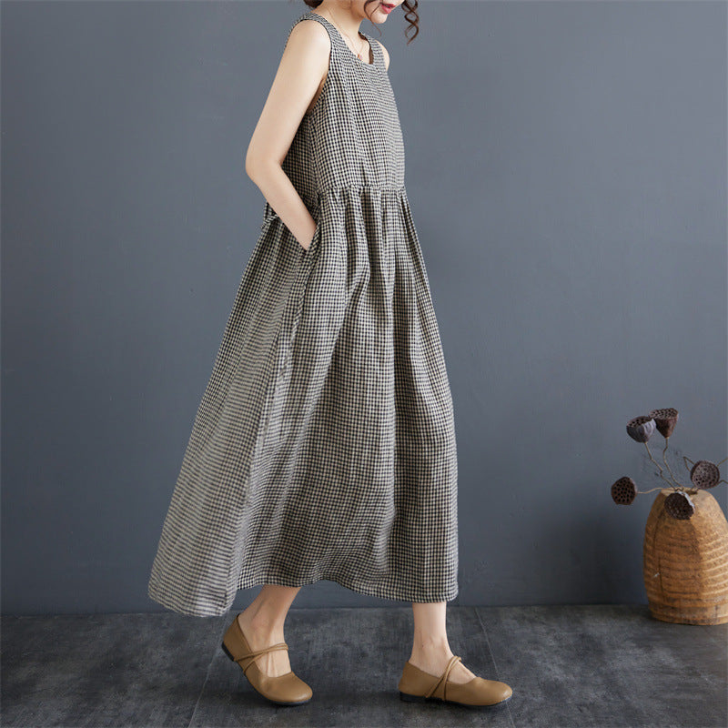 Art Retro Plaid Cotton And Linen Vest Skirt Women's Summer Outer Wear
