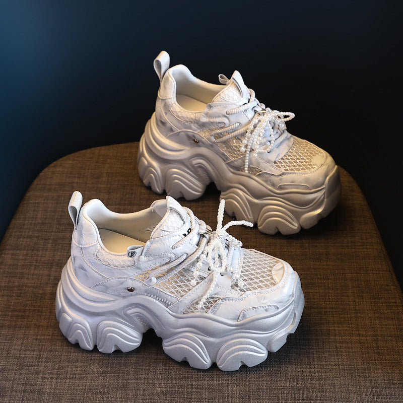Thick Bottom Height Increasing Insole Mesh Breathable Pearl Dad Shoes Women