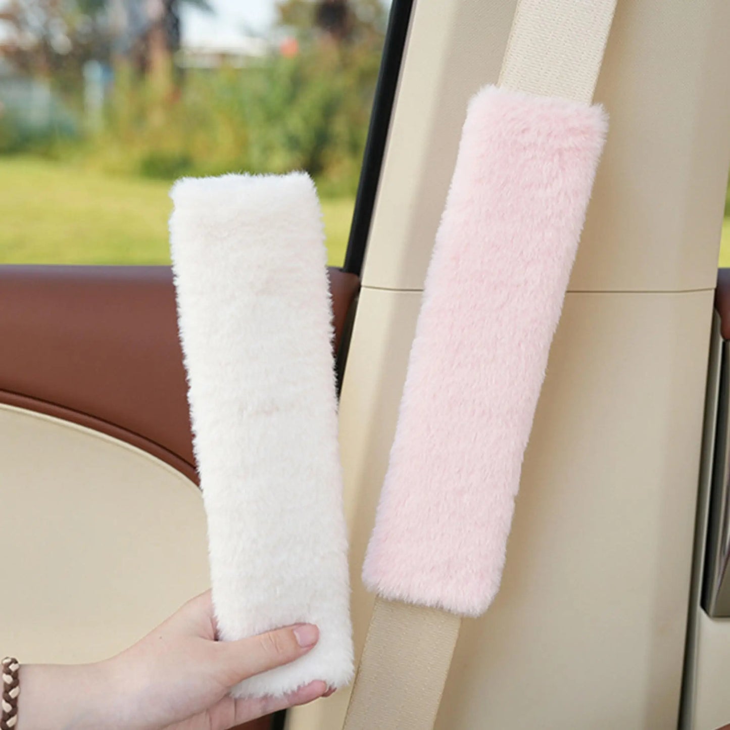 1 piece of artificial rabbit hair long car seat belt shoulder protector suitable for autumn and winter seasons