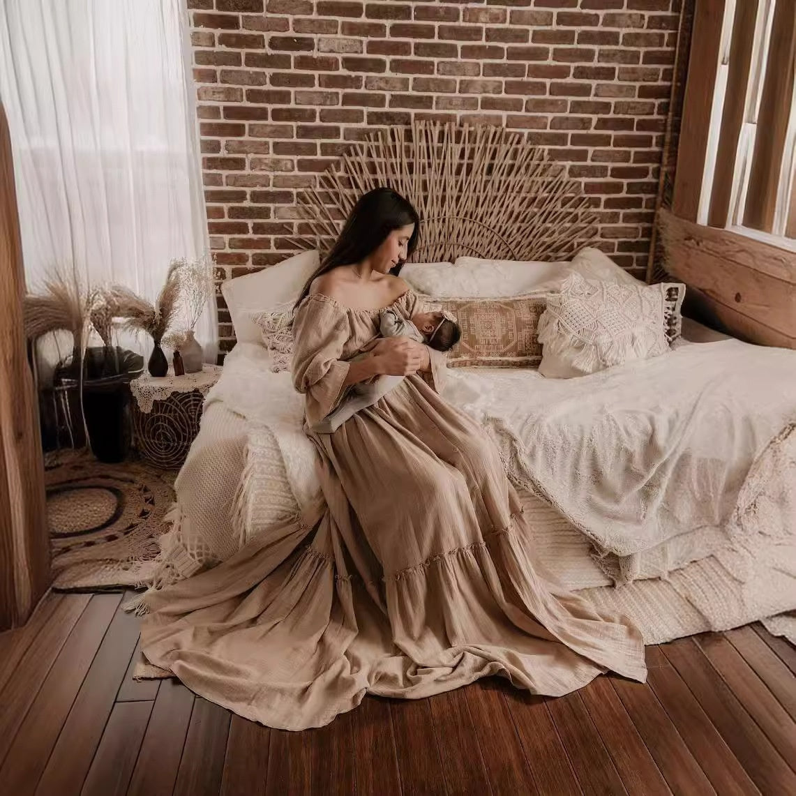 Women's Button Puff Sleeve Mop Dress